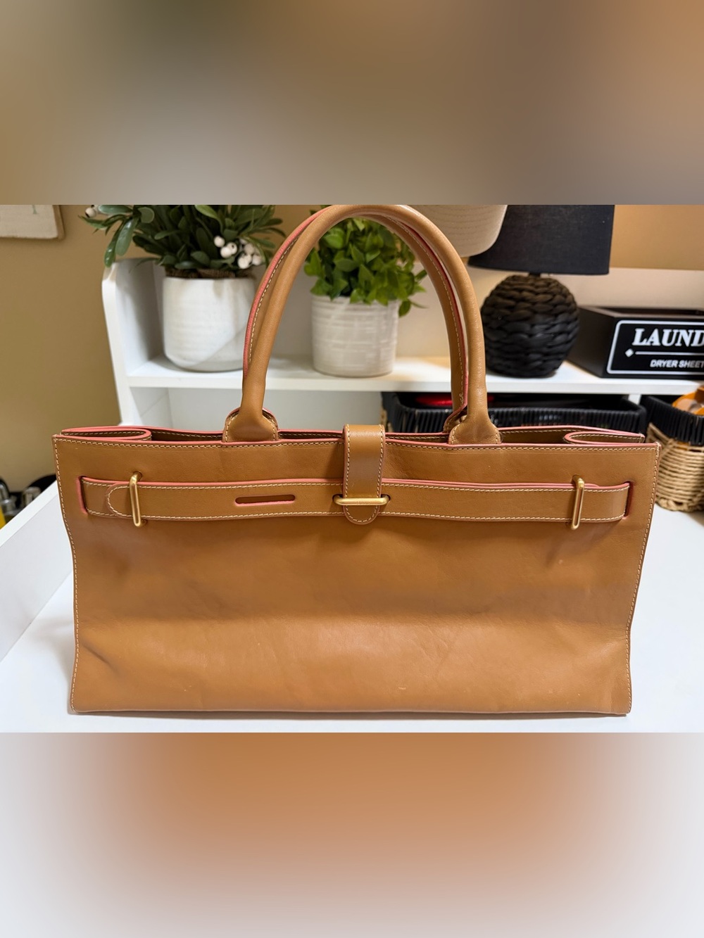 Furla Classic Tan Leather Tote Bag, tan with pink accent, excellent condition - Picture 5 of 15